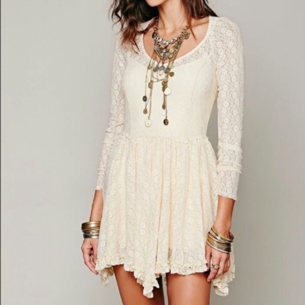FREE PEOPLE Cream Lace Shear Long Sleeve Dress